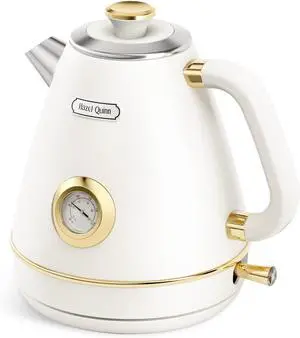 Hazel Quinn Retro Electric Kettle - 1.7 Liters / 57.5 Ounces Tea Kettle with Thermometer, All Stainless Steel, 1200 Watts Fast Boiling, BPA-free, Cordless, Automatic Shut Off - Pearl White