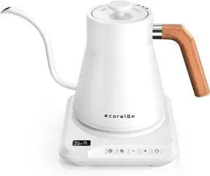 ECORELAX Gooseneck Electric Kettle, ±1 Temperature Control Pour Over Kettle for Coffee, Tea & Water, Stainless Steel 1200 W Keep Warm OLED Display 1 L (White)