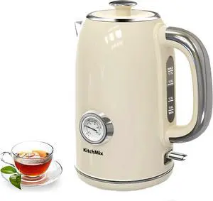 Electric Kettles1500W, 1.7L Stainless Steel Tea Kettle with Thermometer, Auto Shut-Off & Boil-Dry, Cool Touch Handle, BPA Free Kettle & Hot Water Kettle (Beige)