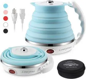 Ultrathin Upgraded Food Grade Silicone Travel Foldable Electric Kettle Boil Dry Protection Portable with Dual Voltage and Separable Power Cord,555ML 110-220V US Plug