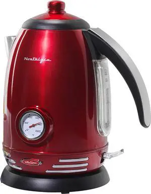 Nostalgia Retro Stainless Steel Electric Tea And Water Kettle, 1.7 Liters, Auto-Shut Off & Boil-Dry Protection, Water Level Indicator Window, Red