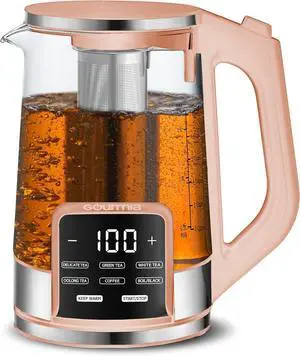 Gourmia Electric Programmable Glass Kettle  1.7L Temperature Control Tea & Coffee Kettle with Digital Touch Display, 6 Presets, Keep Warm, Removable Stainless Steel Infuser, 360° Swivel Base  Peach