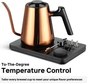 DJ Electric Gooseneck Kettle for Pour Over Coffee & Tea - Water Boiler - Turntable Design - Quick Heating & Temperature Control - Copper