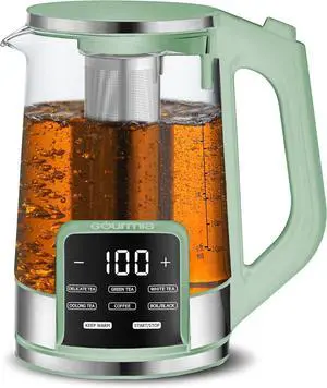Gourmia Electric Programmable Glass Kettle  1.7L Temperature Control Tea & Coffee Kettle with Digital Touch Display, 6 Presets, Keep Warm, Removable Stainless Steel Infuser, 360° Swivel Base  Green