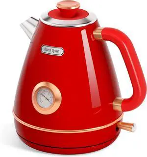 Hazel Quinn Retro Electric Kettle - 1.7 Liters / 57.5 Ounces Tea Kettle with Thermometer, All Stainless Steel, Fast Boiling 1200 W, BPA-free, Cordless, Rotational Base, Automatic Shut Off - Ruby Red