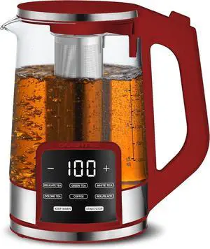 Gourmia Electric Programmable Glass Kettle  1.7L Temperature Control Tea & Coffee Kettle with Digital Touch Display, 6 Presets, Keep Warm, Removable Stainless Steel Infuser, 360° Swivel Base  Red