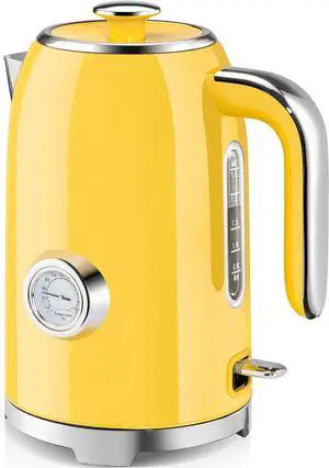 SUSTEAS Electric Kettle - 57oz Hot Tea Kettle Water Boiler with Thermometer, 1500W Fast Heating Stainless Steel Tea Pot, Cordless with LED Indicator, Auto Shut-Off & Boil Dry Protection, Retro Yellow