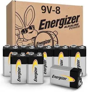 Energizer Alkaline Power 9 Volt Batteries (8 Pack), Long-Lasting Alkaline 9V Batteries