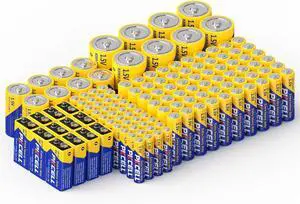PKCELL 128 Counts Batteries Combo Pack, 60-Count AA Batteries, 40-Counts AAA Batteries, 8-Counts C Batteries, 8-Counts D Batteries and 12-Counts 9V Batteries for Household Electronics
