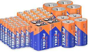 PKCELL 52 Counts Alkaline Batteries, 16 Counts AA Batteries, 24 Counts AAA Batteries, 4 Counts C Batteries, 4 Counts D Batteries and 4 Counts 9V Batteries for Household Electronics