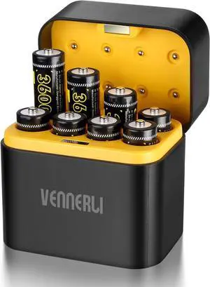 VENNERLI AA Rechargeable Lithium Batteries 1.5V 8-Pack Set 3600mWh High-Capacity 1000+ Cycles of Use Ultra-Long Lasting Time 3h Fast Charge with LED Charge Indicator Magnetic (Black 8-Pack&Charger)