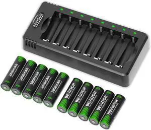 BEVIGOR Rechargeable AA Batteries with Charger, 10 Pack 2800mAh High Capacity Ni-MH Double A Batteries with Smart 8 Bay Smart Battery Charger, USB Fast Charging