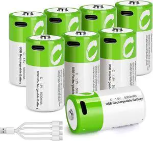 C Batteries Rechargeable with USB 4 in 1 Cable 8 Pack C Size Cell Lithium Batteries LR14 5000mWh 1.5V Li-ion Power for Long-Lasting Use in Floodlights