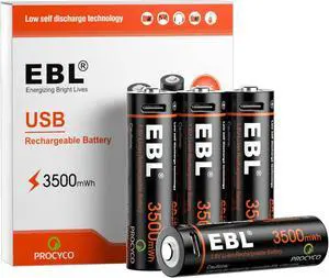 EBL Lithium AA Batteries 4 Pack, Rechargeable Double A Battery 1.5V 3500mWh with USB-C Cable, 2H Fast Charge, Over 1600 Cycles