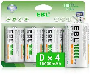 EBL Rechargeable D Batteries, 10000mAh Ni-MH High Capacity D Cell Battery New Retail Package, Pack of 4