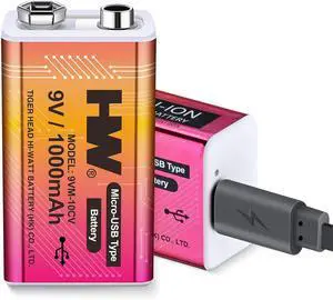 HW 9V Li-ion Rechargeable Battery, 9 Volt/1000mAh(9000mWh) Long Lasting Rechargeable Batteries with Micro-USB, 1000 Cycles Charge, 1.5 Hrs Fast Charging, LED Indicator, 2 Packs
