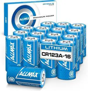 Allmax CR123A Maximum Power Lithium Batteries (16 Count)  Longest Lasting, Leakproof, 10-Year Shelf Life, Ultimate Performance, Perfect for Wireless Security Systems (3V)