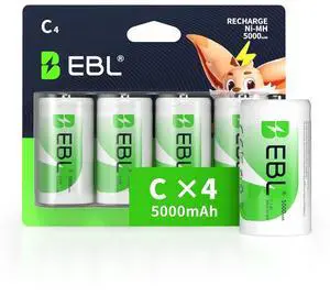 EBL Rechargeable C Batteries, 5000mAh Ni-MH High Capacity C Cell Battery New Retail Package, Pack of 4