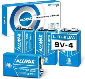 Allmax 9V Maximum Power Lithium Batteries (4 Count)  Longest Lasting, Leakproof, 10-Year Shelf Life, Ultimate Performance  Perfect for Smoke Detectors (9 Volt)