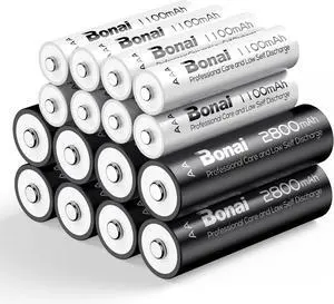 BONAI Rechargeable AA AAA Battery Combo,High Capacity 8PCS 2800mAh AA and 8PCS AAA 1100mAh NiMH Batteries Low Self-Discharge