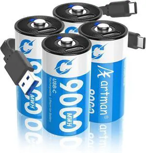 Artman Rechargeable Lithium C Batteries 4 Pack, 1.5V C Cell Batteries with 2 in 1 USB-C Charging Cable, 9000mWh High Capacity Size C Li-ion Battery for Floodlight Toys, Recharge up to 1200+ Cycles