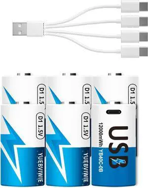Rechargeable Lithium D Batteries with 4 in 1 USB-C Charge Cable,2 Pack D Cell Li-ion Battries, LR20 1.5V D Size Cell Battery Replacement 12000mWh for Floodlight Toys(6 Pcs)