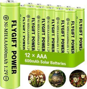 FlyGift AAA Rechargeable Battery, Low Self-Discharge 1.2v Ni-MH Solar Batteries, Pre-Charged Triple A Battery for Solar Pathway Lights, Outdoor Solar Lights (600mAh - 12 Pack)
