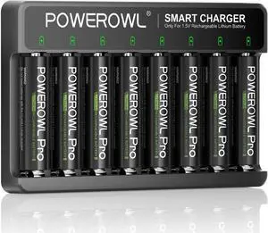 POWEROWL Rechargeable AA Lithium Batteries with Charger, 3600mWh 1.5V Double A Battery -8 Pack