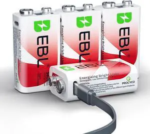 EBL Rechargeable 9V Batteries, 5400mWh 9 Volt Lithium Battery for Smoke Detector, Over 1600 Cycles, 2 Hours Quick Charge with USB-C Charge Cable(4 Pack)