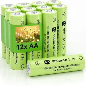 1.2v AA Ni-MH Rechargeable Battery, Double A 900mAh 1.2V Rechargeable Battery Pre-Charged, High Capacity for Outdoor Solar Lights, Lawn Lamps, String Light (AA-900mAh-12pack