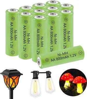 1.2v AA 800mAh Rechargeable Batteries,Double A High Capacity 1.2V Pre-Charged Ni-MH Battery for Solar Garden Lights, Anti-Leak, Outdoor Durability(Pack of 12)