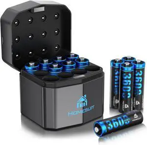 Homesuit Rechargeable Lithium AA Batteries with Charger 12 Bay, 1.5 Volt High Power 3600mWh Lithium Batteries AA Rechargeable, Li-ion Double A Battery 12 Pack Recharge up to 2000+ Cycles, Blue