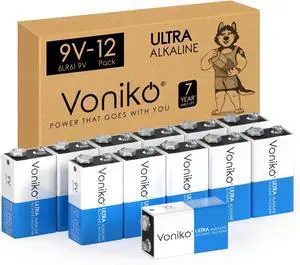 Voniko 9V Batteries - Alkaline 9V Battery 12 Pack - Ultra Long Lasting with a 7-Year Shelf Life
