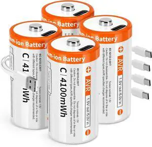 Rechargeable C Batteries 4 Pack-Li-ion 1.5 V C Battery, High Capacity for Toys, Flashlights, Remote Controls