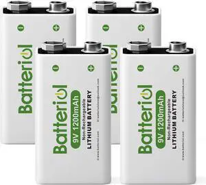 9V Lithium Batteries, 1200mAh Lithium 9 Volt Batteries, 10 Year Shelf Life, Long-Lasting Power for Smoke Detector, Microphone and Walkie Talkie, Non-Rechargeable 4 Pack