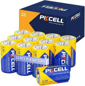 PKCELL 12 Pack C Batteries, R14P 1.5V C Size Non-Rechargeable Batteries, Long-Lasting Power C Cell Carbon Battery for Flashlights, Remotes, Toys, Clocks, Game Controllers, Shavers