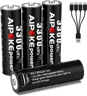 Rechargeable Lithium aa Batteries,USB c Rechargeable aa Batteries 4 Pack 3300mWh with 4-in-1 USB C Cable,1200+ Cycles,2H Fast Charge,Low self-Consumption Power for Toys,Gaming,Smart Home,Xbox