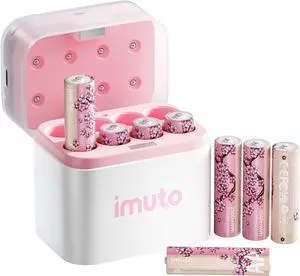 imuto Rechargeable aa Batteries with Charger, 2500mWh aa Lithium Batteries 8 Pack, 8 Slot Storage Box Style Lithium Doube a Battery Charger, 1.5V 2A Output, 1600+ Cycle LifeCherry Blossom Pattern
