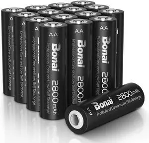 BONAI Rechargeable AA Batteries 2800mAh High Capacity, Recharge up to 1200x Times, Pre-Charged, Low Self Discharge Ni-MH AA Battery-16 Count