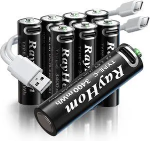 USB Rechargeable AA Lithium Batteries - 8 Pack Double A Li-ion Batteries, 1.5V 3400 mWh, Charges 1.5 Hours, with 2 USB-C 2-in-1 Charging Cable, Over 1000+ Cycles