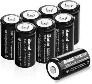 BONAI Rechargeable C Batteries 5,000mAh 1.2V Ni-MH High Capacity High Rate C Size Battery C Cell Rechargeable Batteries (8 Pack)