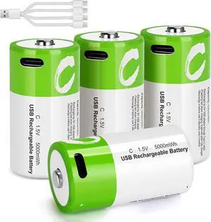 C Batteries Rechargeable 4 Pack C Size Cell Lithium Batteries LR14 5000mWh 1.5V Li-ion Power for Long-Lasting Use in Toys and Floodlights