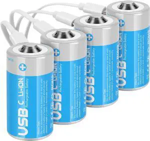 Rechargeable Lithium C Batteries with 4 in 1 USB-C Charge Cable,4 Pack C Cell Li-ion Battries,LR14 1.5V C Size Cell Battery Replacement 4100mWh for Floodlight Toys(4 Pcs)