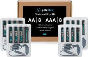 USB Rechargeable Smart Batteries by Pale Blue, Lithium Ion, Under 90 Minute Charge Time, Over 1000 Cycles, 4-in-1 USB to USB-C Charging Cable, LED Charge Indicator (8 AA and 8 AAA Batteries)