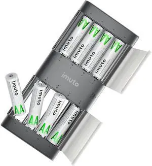 imuto Rechargeable aa Batteries with Charger, 2000mWh aa Lithium Batteries 8 Pack, 8 Slot Slim Lithium aa Battery Charger, 1.5V 2A Output, 1600+ Cycle Life LiFePO4 Batteries, 1.8H Fast Charging