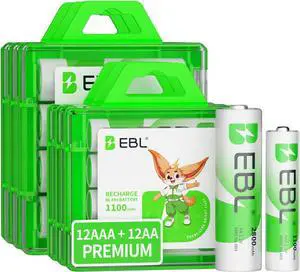 EBL 24 Sets AA AAA Batteries Combo with 12-Pack AA 2800mAh & 12-Pack AAA 1100mAh 1.2V Rechargeable Batteries