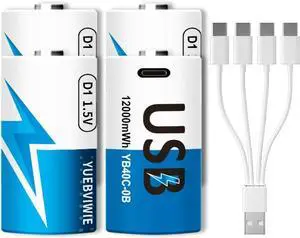 Rechargeable Lithium D Batteries with 4 in 1 USB-C Charge Cable, 4 Pack D Cell Li-ion Battries, LR20 1.5V D Size Cell Battery Replacement 12000mWh for Floodlight Toys Clocks Gas Stove(4 Pcs)