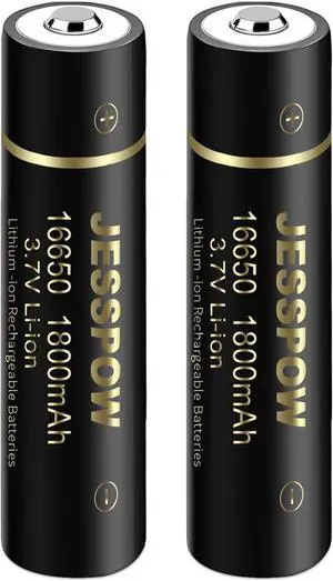 JESSPOW 16650 Rechargeable Battery, 16650 Battery 1800mAh 3.7V Li-ion Rechargeable Battery with Button Top for Flashlights Torches - 2 Pack