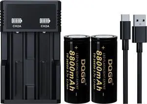 26650 Rechargeable Battery 3.7Volt Li Batteries 8800mAh High Capacity Flat Top for Flashlight Headlamp(2 Pack,26650 Battery+Charger)