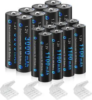 16 Pack AA AAA Rechargeable Batteries, 8 AA 3000mAh and 8 AAA 1100mAh 1.2V Ni-MH Low Self Discharge Double A Rechargeable Battery for Outdoor Solar Lights and Household Devices